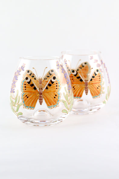 Tortoiseshell Butterfly and Lavender Stemless Glasses