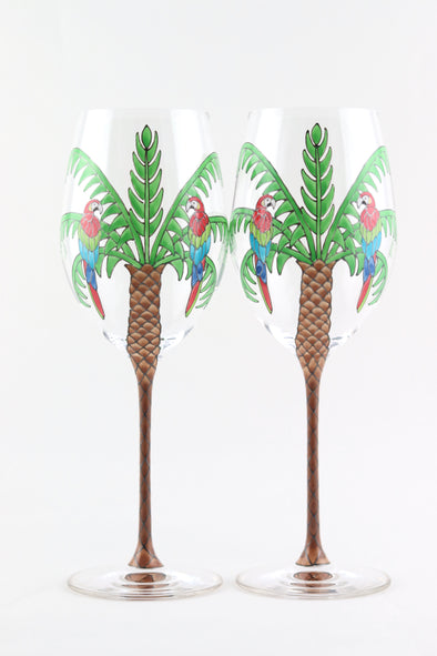 Palm and Parrots Wine Glass